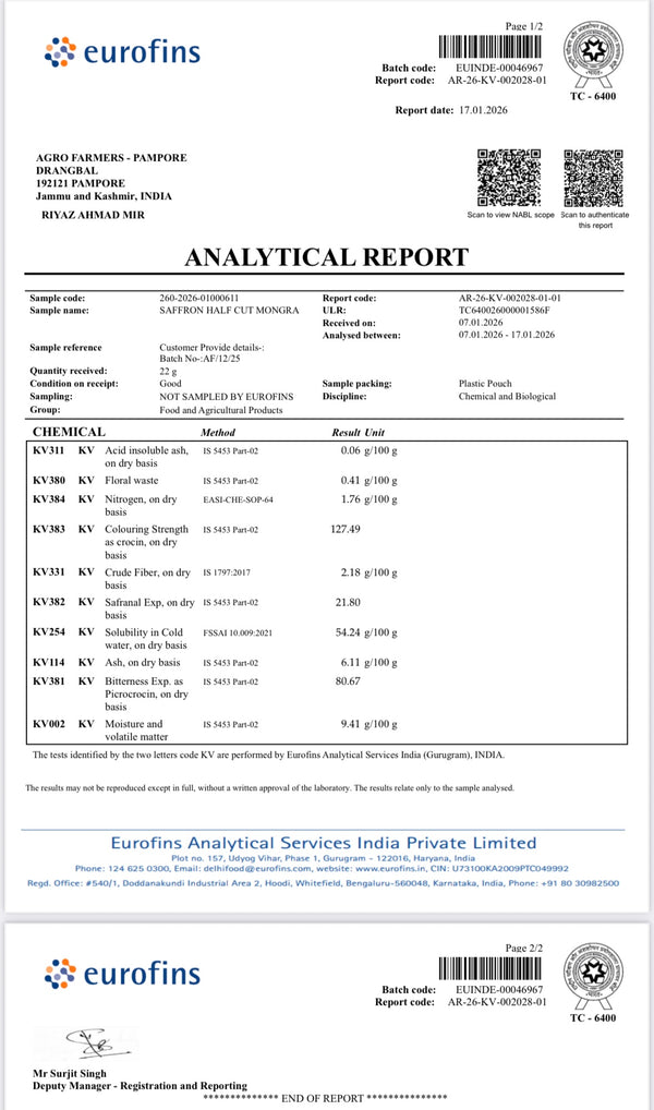 EUROFINS LAB TEST KASHMIRI SAFFRON AUTHENTICITY REPORT.
