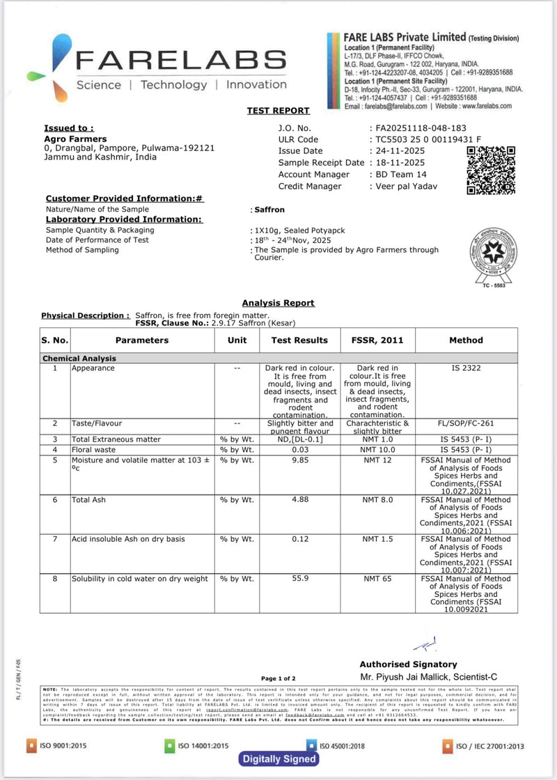 FARELABS TEST REPORT OF AGRO FARMERS KASHMIRI MONGRA SAFFRON.
