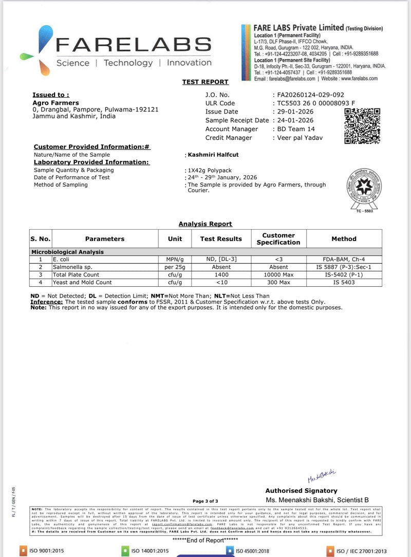FARELABS EXPORT MICROBIOLOGY TEST REPORTS AND SAFFRON PARAMETERS FOR EXPORT QUALITY.