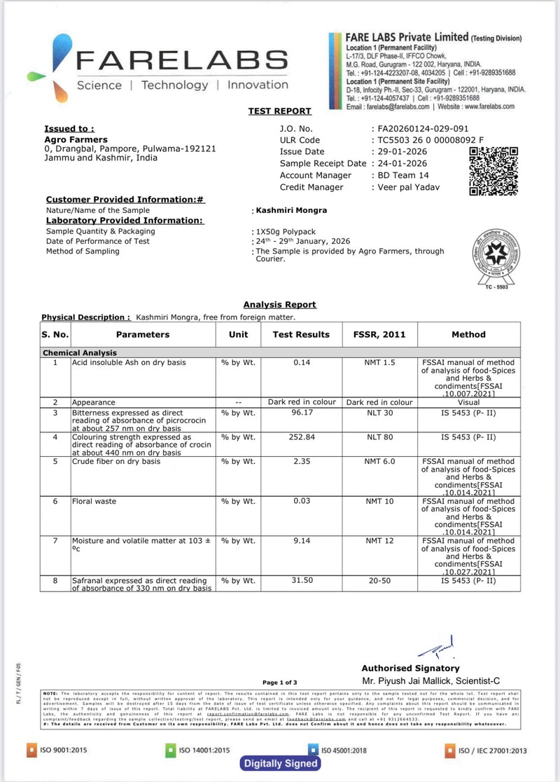 FARELABS TEST REPORTS OF CROCIN, PICROCIN AND SAFRANAL PARAMETERS.